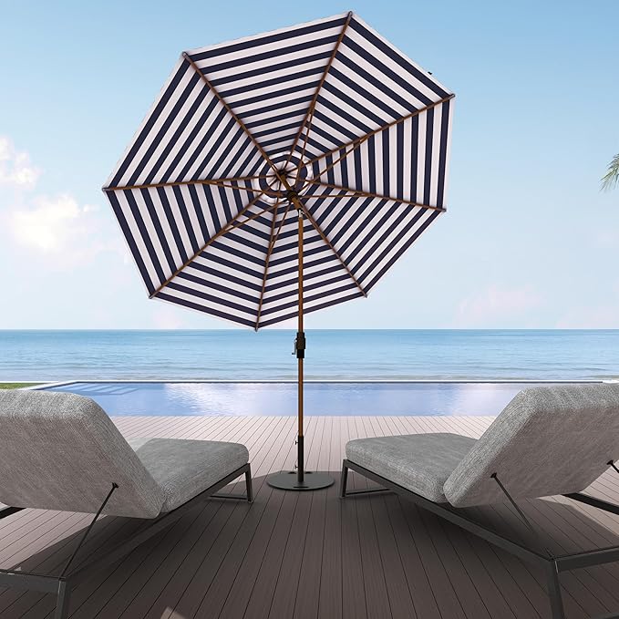 Midtown Umbrellas Wooden 2-8 Feet Outdoor Patio Umbrella, Terylast Navy & White Stripes Fabric, Aluminum Frame For Backyard Umbrella, Deck Umbrella, Garden Umbrella & Pool Umbrella - Wooden Pole