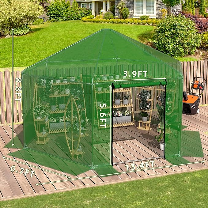 MU 13.4x13.4x8.8 FT Greenhouses for Outdoors, Heavy-Duty Green House for Outside, Walk in Winter Greenhouse with 180g Double Layer PE Cover, Ground Stakes, Great for Garden/Patio/Backyard