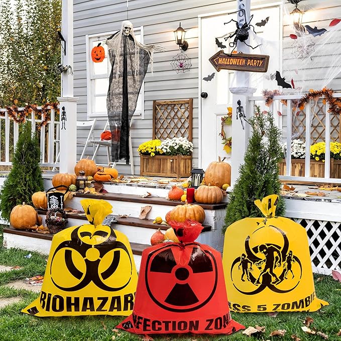 CNhoqc Halloween Lawn Trash Bags - 6Pcs Zombie Warning Reusable Waste Bags with Twist Ties, Fallen Leaf Grass Clipping Trash Container, Heavy-Duty Plastic for Biohazard Parties Outdoor Decorations