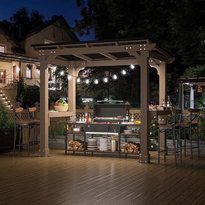 MUPATER 8' x 5' Wooden Grill Gazebo with Sloping Metal roof, Rainwater Drainage, Cedar Frame, Heavy Duty Canopy Suitable for Full-Size Grill, BBQ Canopy for Outdoor Patio, Lawn, Garden, Backyard