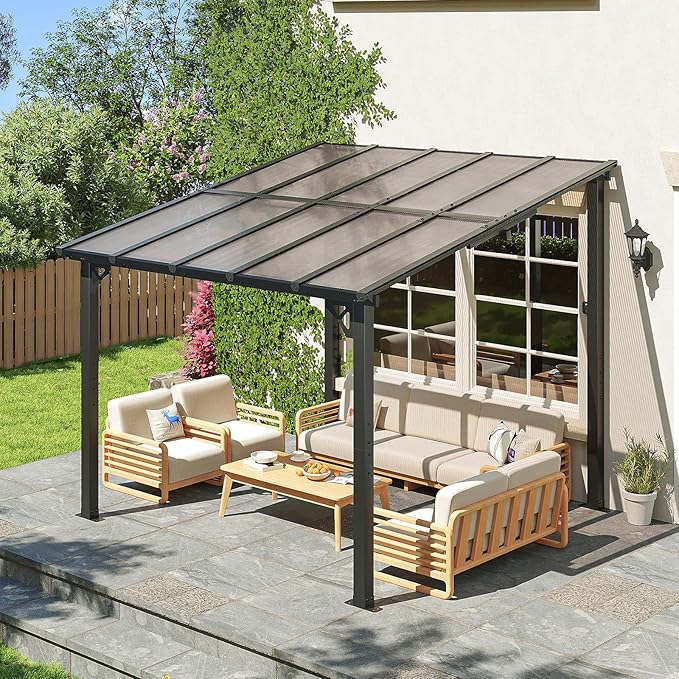 10x10FT Lean to Gazebo, Hardtop Metal Pergola with Polycarbonate Roof, Large Wall Mounted Heavy Duty Awnings, Patio Canopy for Backyard, Deck, Porch