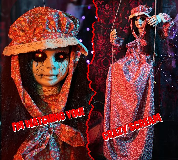 Scary Halloween Decorations Hanging Swinging Doll Girl for Indoor & Outdoor Props, Sound, Touch & Clap Activated with Creepy Sounds & Light-Up Eyes for Halloween Haunted House or Yard Lawn Prop