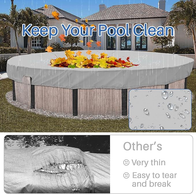 ECOOPTS 17 ft Waterproof Round Polyester Pool Cover for Above Ground Pools, Swimming Pool Cover Protector Winter Safety Cover (Light Grey)