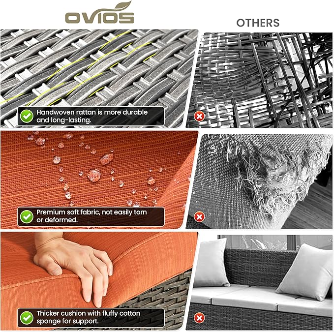 ovios 7 Pieces Patio Furniture Set, Outdoor Wicker Sofa Couch with Swivel Chairs 42" Fire Pit Table, High Back All Weather Modern Conversation Sets, Brown Rattan, Orange Red