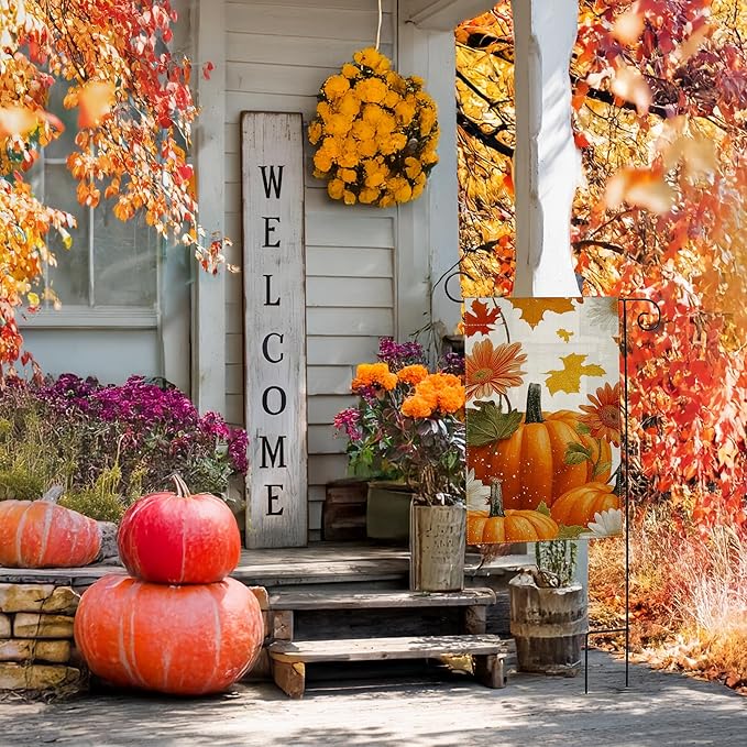 Garden Flags, Garden Flag, Stained Glass Style Pumpkin Maple Leaf Double-Sided Flags for Farmhouse Yard Outdoor Decoration-12 x 18inch (Pumpkin-5)