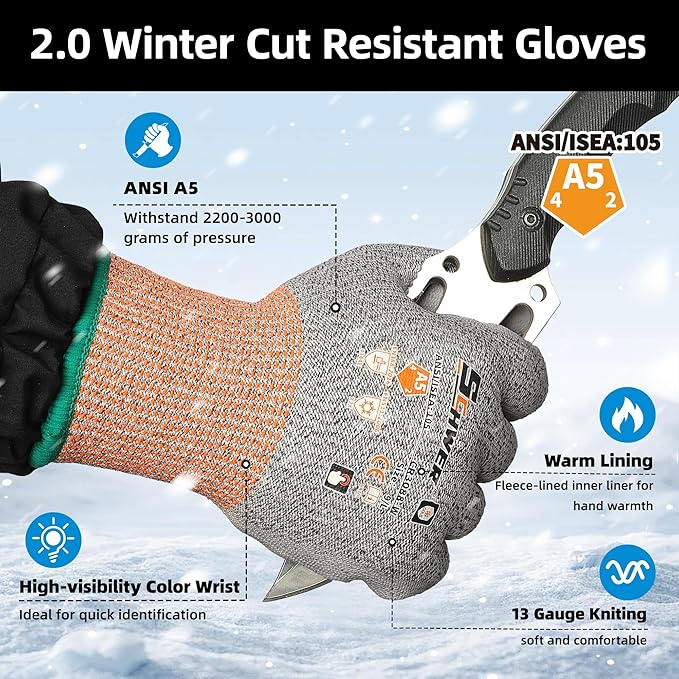 Schwer 12 Pairs Winter Work Gloves, ANSI A5 Cut Resistant Gloves with PU Coating, Freezer Glove for Outdoor Cold Weather, Thermal Insulated, Non Slip, Durable, L, CR3088-W