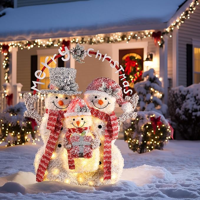 LuxenHome 3.5FT Lighted Snowman Family Outdoor Decorations, Prelit Frosted Snowman with Hat and Scarf, Illuminated Christmas Decorations Indoor and Outdoor for Porch, Lawn, Holiday Yard Decor