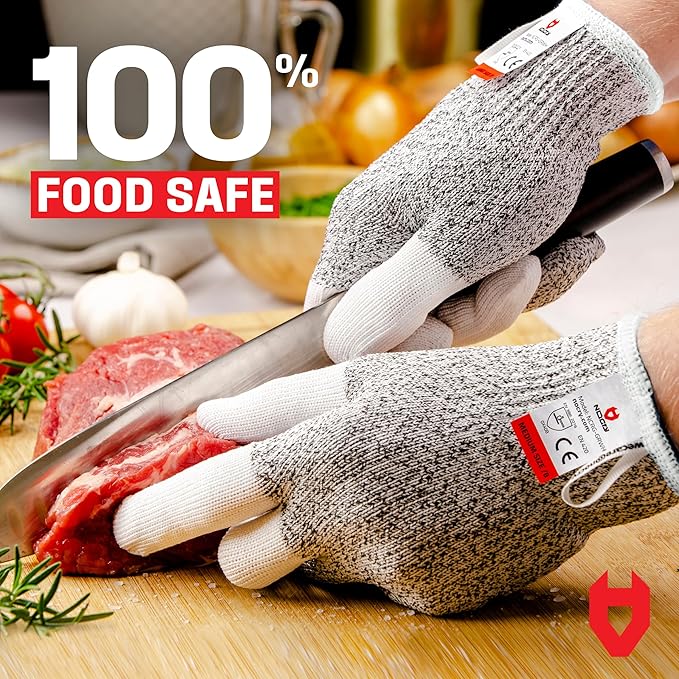 NoCry Cut Resistant Work Gloves for Women and Men, with Reinforced Fingers; Comfortable, 100% Food Grade Kitchen Cooking Hand Protection; Ambidextrous Safety Gear for Cutting; Level 5 Protection