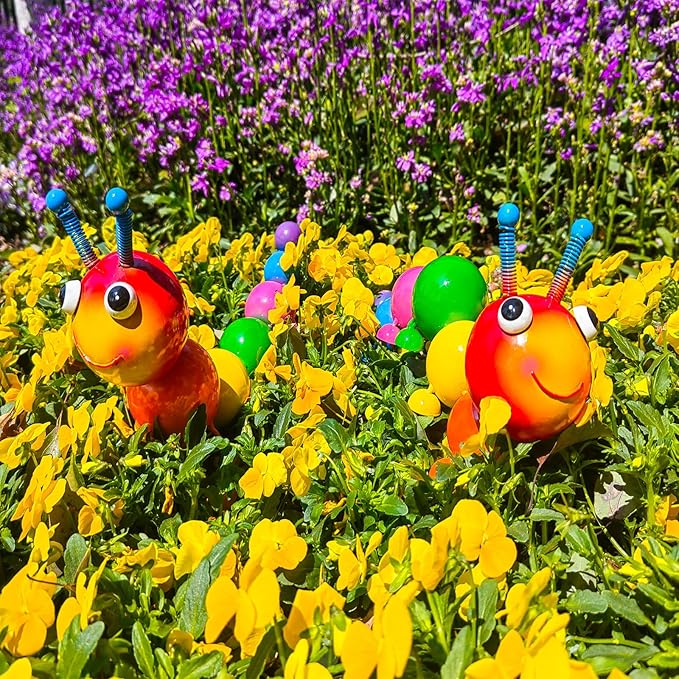 Metal Caterpillar Statue Yard Art Garden Decor for Outside Patio Lawn Ornaments Fence Decorations Gift for Family,Friends,Garden Lovers - Set of 2(Colorful)