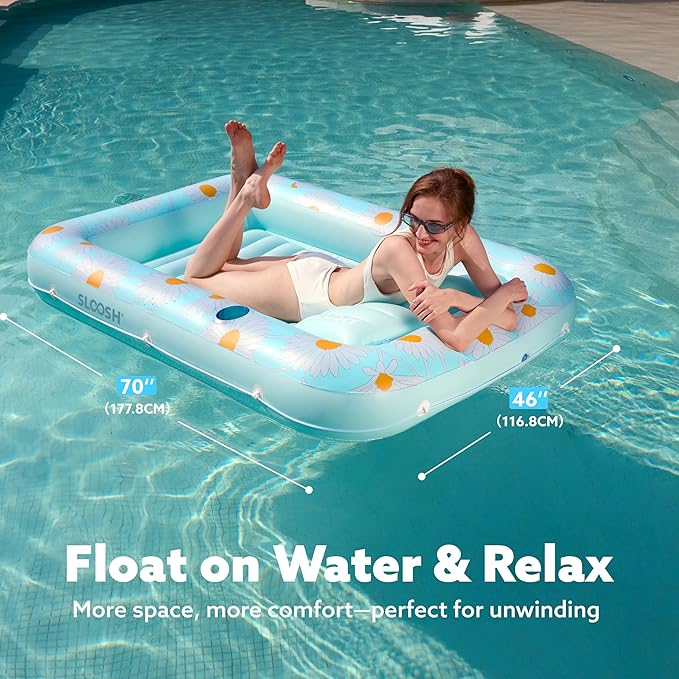 SLOOSH Inflatable Tanning Pool Lounger Float, 70" x 46" Pool Floats Adult with Pillow, 4 in 1 Suntan Tub Raft Floatie,Sunbathing Bed Lounge for Water Blow Up Ball Pit Party Gifts