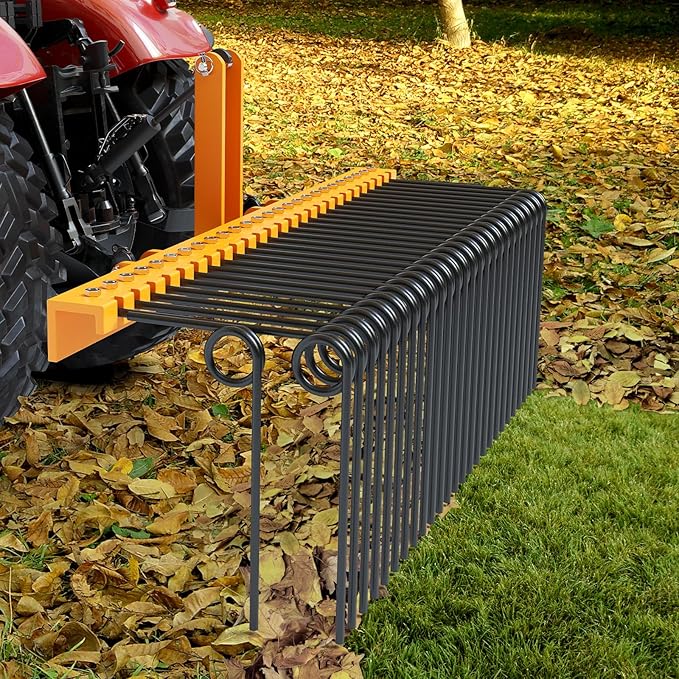 60" Durable Powder Coated, Steel Pine Grass Rake, Steel Spring Landscape Rake, Cat 0 Cat 1 Attaches to Tractor, 3-Point Hitch, Black + Orange