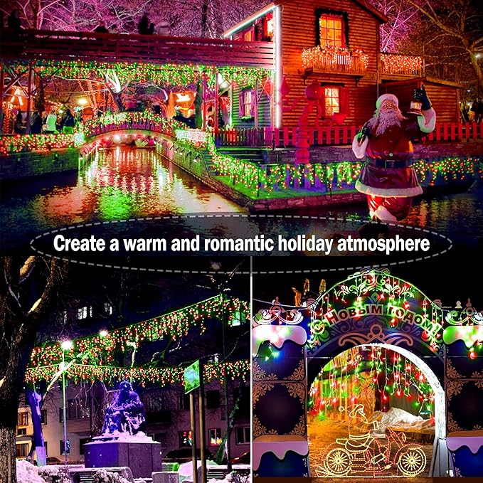 KNONEW 99ft 1216 LED Christmas Lights Outdoor Decorations with 228 Drops, 8 Modes Curtain Fairy Light, Clear Wire LED String Light Decor for Wedding Party Christmas (Red and Green)
