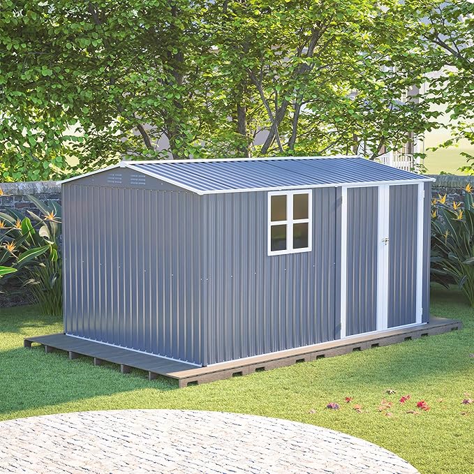 8x12 FT Shed Outdoor Storage Metal Large Garden Tool Sheds with Lockable Doors Floor Frame Window Gable Roof Waterproof Steel Utility Equipment Sheds for Backyard Patio Lawn Poolside, Grey