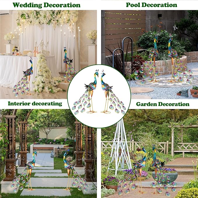 XONOR Metal Peacock Garden Statues Peacock Yard Art Outdoor Sculptures for Home Patio Lawn Backyard Décor, Set of 2 (Peacock)