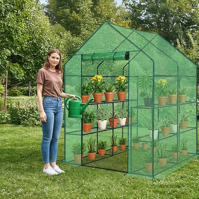 Outvita Walk-in Greenhouse, Outdoor Durable PE Plant Green House for Frost Protection with 3 Tiers 8 Shelves, Shelf Clips, Roll-up Zipper Door, 56"x56"x77" Green