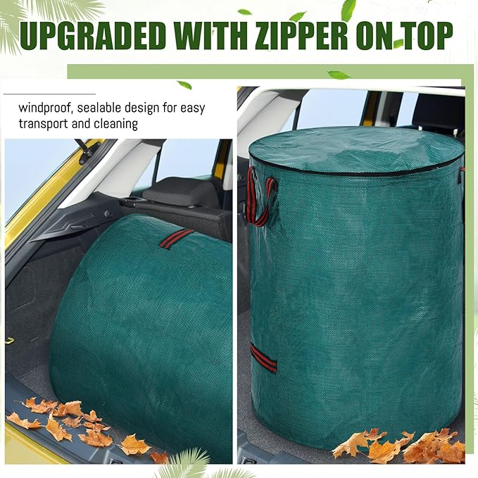 10 Pcs 106 Gallons Yard Waste Bags with Lid and 4 Pairs Gardening Coated Gloves Leaf Bags (h30" x D26") 4 Handles Large Waste Container for Lawn Yard Weed Leaf