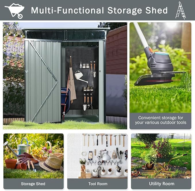 5X3 FT Outdoor Storage Shed, Waterproof Metal Garden Sheds with Lockable Door, Steel Tool Storage Buildings Shed & Outdoor Storage House for Garden, Backyard, Patio, Lawn, Trash Cans(Black)
