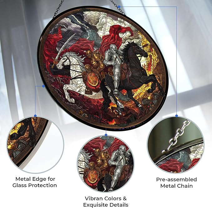 Horsemen of The Apocalypse Stained Glass Window Hanging Window Suncatcher 12" Glass Panel with Metal Chain and Hooks Sun Catchers Indoor Wall Art Home Decor Gift for Women Mother's Day