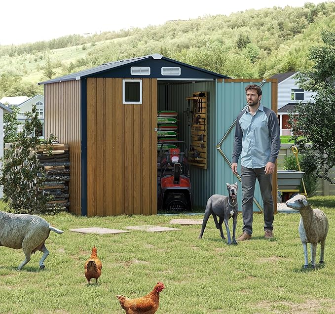 6x8 FT Sheds & Outdoor Storage,Steel Storage Shed with Lockable Doors and Window,Waterproof Garden Shed w/Roof Slope Design & Weather Versatility,Tool House for Storing Bicycles,Yellow