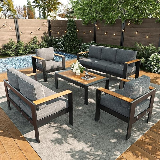 LayinSun 5 Piece Aluminum Outdoor Furniture Set with Coffee Table, Outside Patio Deep Seating Conversation Set with Upgraded Washable Thick Cushion