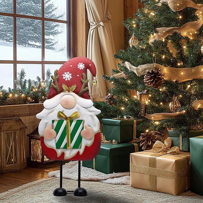 TERESA'S COLLECTIONS Gnome Christmas Decorations,Metal Red White Santa Holding Gifts,Christmas Gnome Statue for Garden Indoor Outdoor,Decorative Yard Art Signs for Lawn Xmas New Year Winter Decor,24"