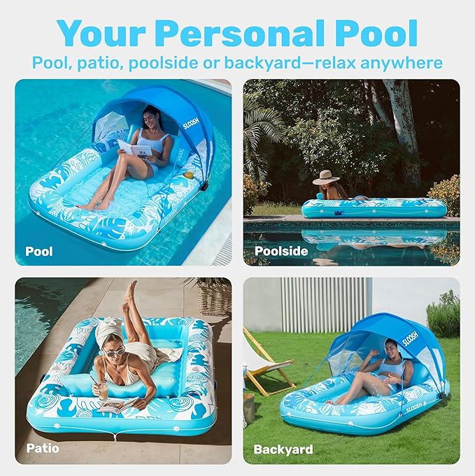 SLOOSH Inflatable Pool Floats Adult, 70" x 46" Tanning Pool with Canopy, 4 in 1 Lounger Float with Pillow, Suntan Tub Raft Floatie, Sunbathing Bed Lounge for Water Blow Up Kids Ball Pit Party Gifts