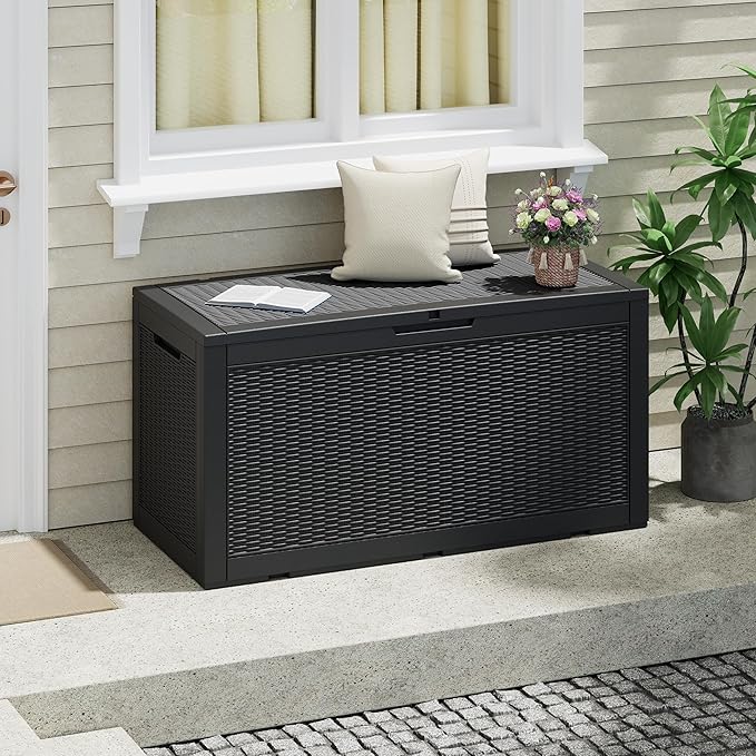 NUNU LAB 101 Gallon Resin Deck Box – Large Lockable Outdoor Storage Box with Gas Lift, Waterproof Patio Storage for Cushions, Garden Tools, Pool Supplies, and More, Black