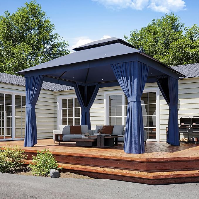 Outdoor Gazebo Metal Frame Patio Pergola Double Roofs Patio Canopy with Double-Layer Door and Mosquito Netting for Deck, Backyard, Lawn (Blue, 10x12FT)