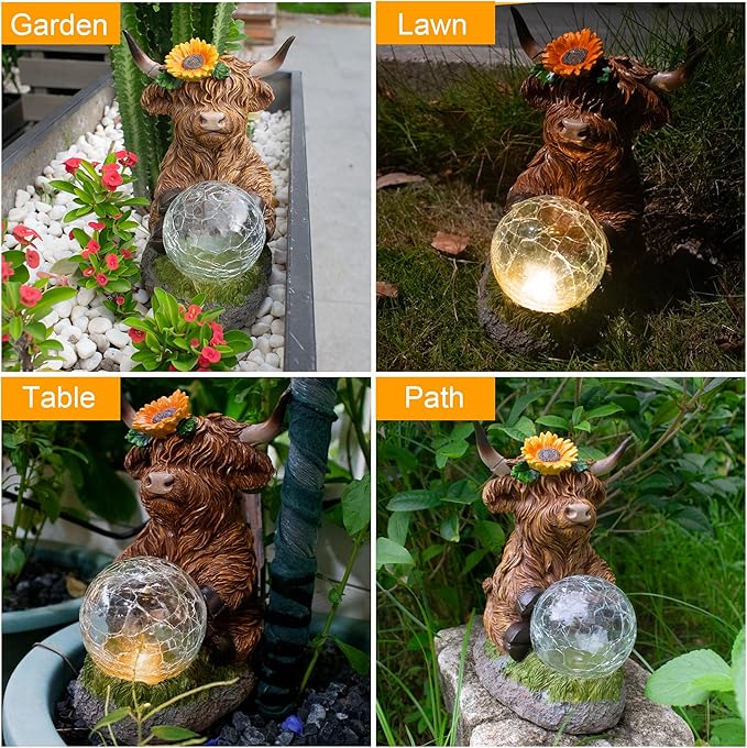 Highland Cow Outdoor Statue with Solar Transparent Ball for Garden Outside Yard Lawn Decor Highland Cow Figurine Porch Patio Balcony Home, Birthday Gifts for Mom Women