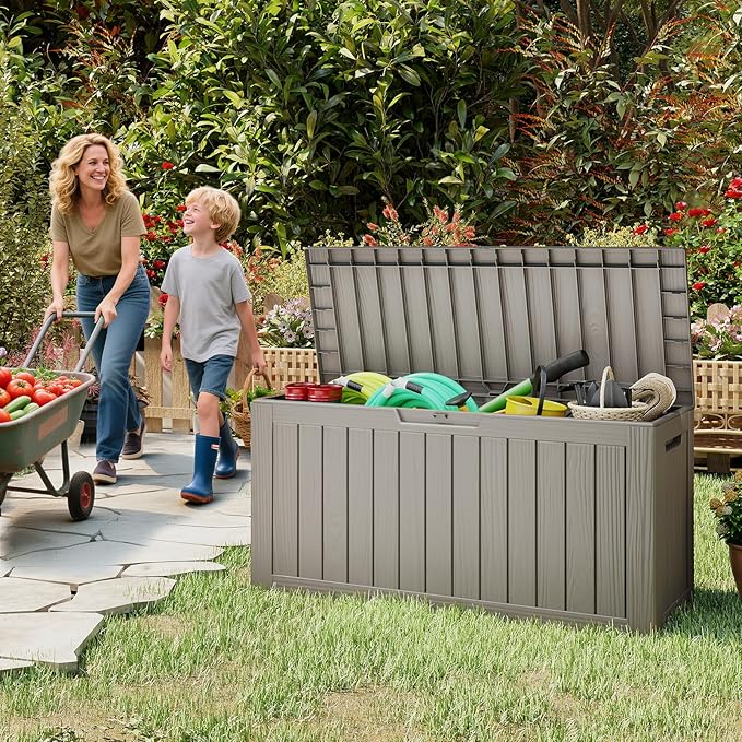 Outdoor Storage Box, 72 Gallon Deck Box Waterproof, Resin Patio Storage Bin for Package Delivery, Patio Furniture Cushion, Garden Tools, Pool Accessories, Weatherproof, Grey