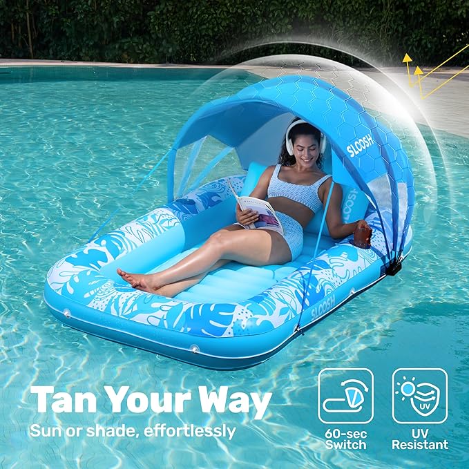 SLOOSH Inflatable Pool Floats Adult, 70" x 46" Tanning Pool with Canopy, 4 in 1 Lounger Float with Pillow, Suntan Tub Raft Floatie, Sunbathing Bed Lounge for Water Blow Up Kids Ball Pit Party Gifts