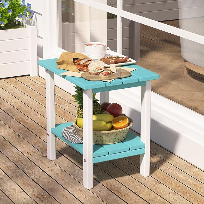 OTSUN Outdoor Side Table, 16 Inch Square Patio Table, All Weather Porch Table for Balcony, Backyard, Lawn, Indoor Outdoor Companion (Aruba Blue & White)