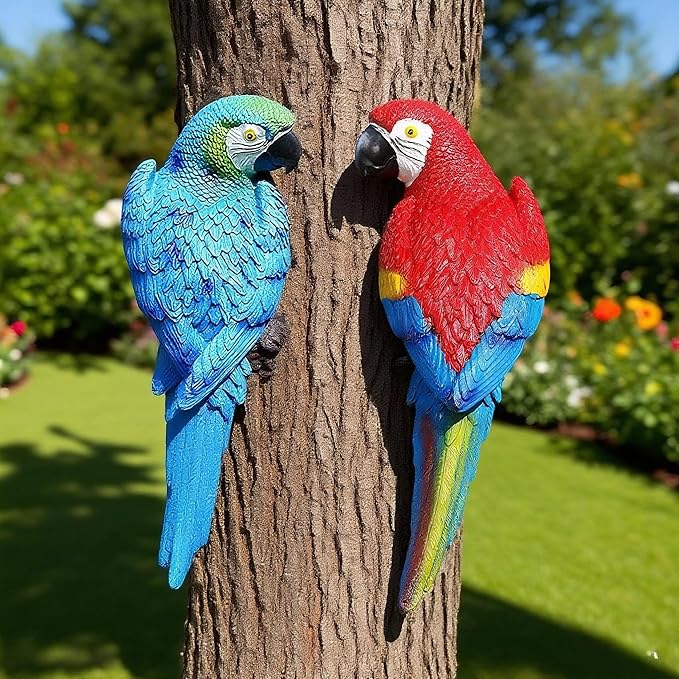 Teaeeno 2Pcs Resin Wall Bird Statue Decor,Real Parrot Sculpture Home Decor,Outdoor Indoor Figurine Ornaments-Garden Tree Sculpture,Resin Animal Statue for Garden, Terrace, Lawn, Yard