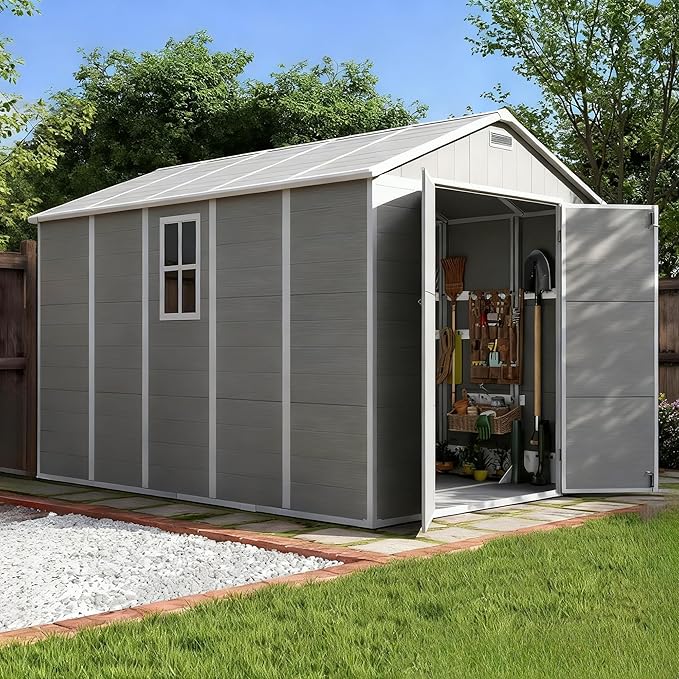 Outdoor Shed 5x3/6x4/7x7/8x6/8x10/8x12 FT, 15MM Thick PP Resin Plastic Shed with Lockable Door & Floor - Waterproof Plastic Tool Shed for Bike, Garbage Can, Backyard, Patio ﻿ ﻿ (Grey, 8x10FT)
