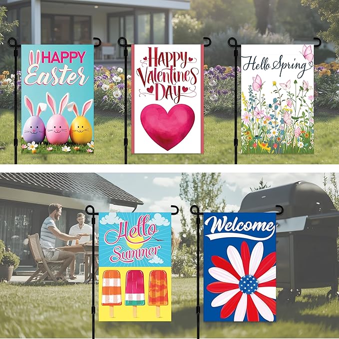 VAPARA DESIGNS Set of 10 Seasonal Garden Flags - 12"x18" Double Sided Garden Flags for Outside - Winter, Summer, Fall, Spring, Halloween, Christmas, Easter, Thanksgiving, Valentines Day, 4th of July