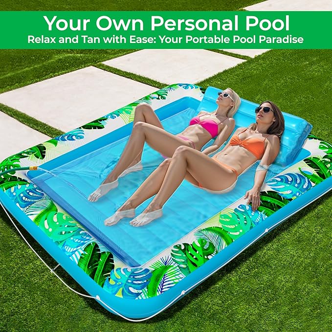 JAMBO XXL Inflatable Tanning Pool Lounger Float, 80 x 56 Sun Tanning Pool Float with Pillow Water Lounge Raft Pool Floatie for Adults Tanning Raft Pool Tub Water Tanning Bed Kiddie Pool Tanning Floats