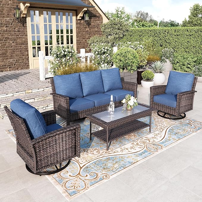 Luxury Patio Furniture Set with 5.5" Thick Cushion, Outdoor Seating Furniture, High Back Swivel Chairs with Tempered Glass Table, Wicker Conversation Sofa Set for Deck Lawn Deck Yard, Blue