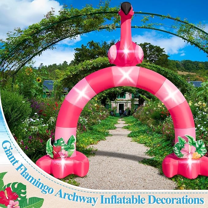 Eyourlife 12FT Pink Flamingo Inflatable Arch,Giant Fall Inflatable Flamingo Outdoor Decor,Blow-Up Flamingo with 1Blower 6LED Lights and 2Hawaiian Leis for Summer Yard Garden Birthday Luau Beach Party