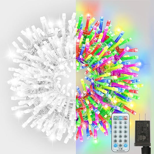 66ft Christmas Decorative Mini Lights, 200 LED Transparent Wire Fairy Starry String Lights Plug in, 12 Lighting Modes for Outdoor Xmas Tree Wedding Party Decoration (White and Multicolor)