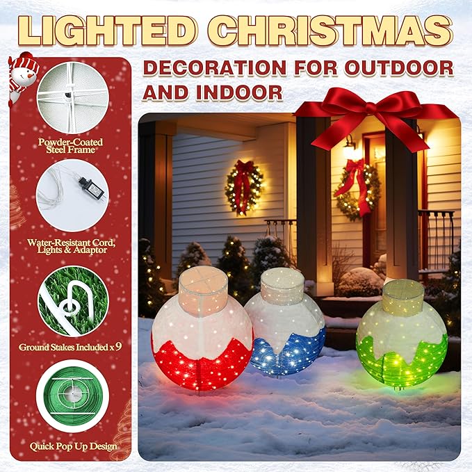 VEIKOU 36 Inch Pop-Up Set of 3 Large Christmas Ornaments, Outdoor Christmas Decorations with Base, Oversized Collapsible Balls Outdoor Indoor for Holiday Yard Garden Lawn