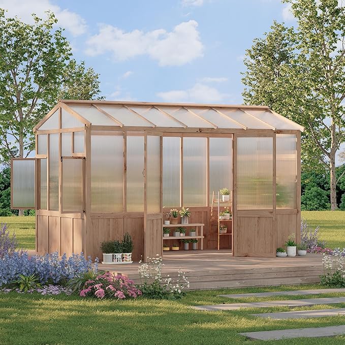 10x12 ft Wooden Greenhouse for Outdoor - Heavy Duty Walk-in Green House Kit with 6 mm Polycarbonate,Ventilated Window & Lockable Door for Backyard,Patio,Lawn