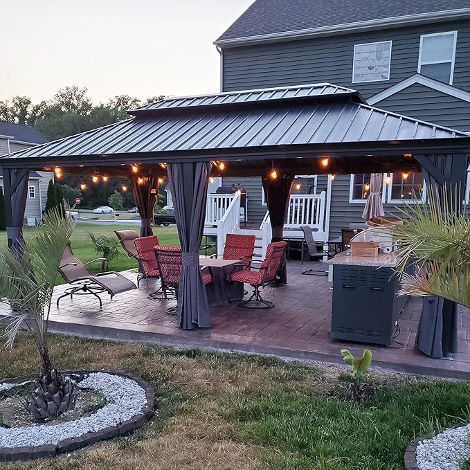PURPLE LEAF 12' X 18' Permanent Hardtop Gazebo Aluminum Gazebo with Galvanized Steel Double Roof for Patio Lawn and Garden, Curtains and Netting Included, Grey