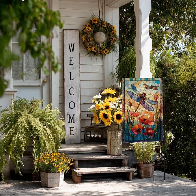 Garden Flags, Dragonfly Garden Flag, Stained Glass Style Dragonfly Floral Flag Double-Sided Flags for Farmhouse Yard Outdoor Decoration-12 x 18inch (Dragonfly2)