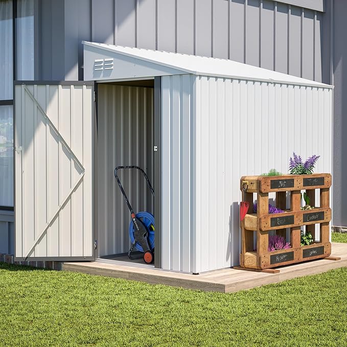 4×8 FT Outdoor Metal Storage Shed,Heavy-Duty Lean to Storage Shed with Lockable Door and Reinforced Beams,All Weather Waterproof Storage House W/2 Air Vents,for Backyard,Patio,Lawn,White