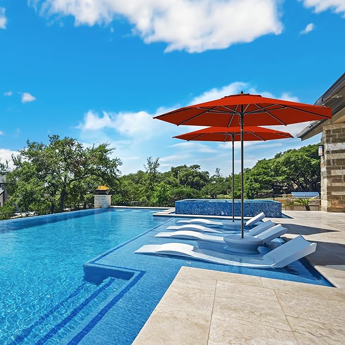 Midtown Umbrellas The Wooden 10 Feet Patio Umbrella With Terylast Apple (Red) Polyester Fabric - Aluminum Frame Market Umbrella For Backyard, Deck, Garden, Pool - Wooden Pole