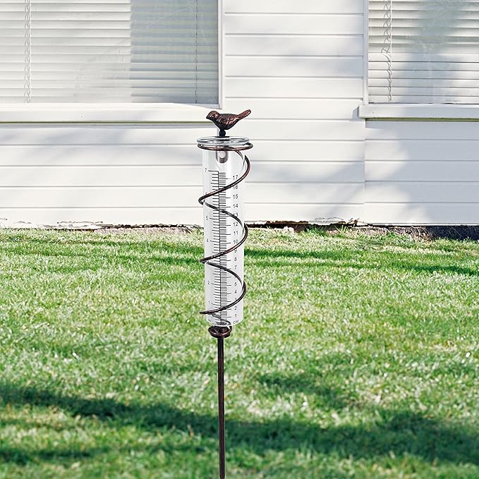 JOYBee 7inch Capacity Glass Spiral Rain Gauge,Cast Iron Bird Hanging Rain Gauge,Garden Rain Water Meter Measuring with Metal Frame,Decoration for Outdoor Garden Lawn Backyard