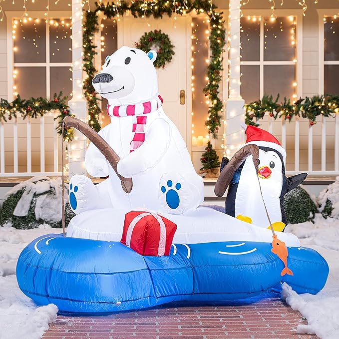 Joiedomi 6 FT Long Christmas Inflatable Polar Bear Fishing with Penguin Decoration, Blow Up Yard Decoration Inflatables with Built-in LEDs for Christmas Party Indoor Outdoor, Yard, Garden, Lawn Décor