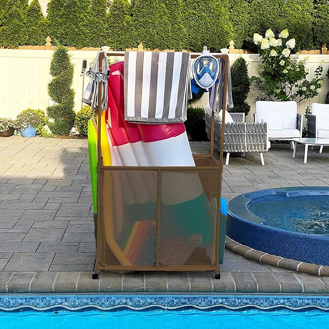 Essentially Yours Pool Equipment Holder with Towel Drying Bars, Mesh Rolling Pool Storage Organizer Bin, Extra Large with Towel Hanger, (34.5" W x 25" L x 62.6" H), Brown Style 418566