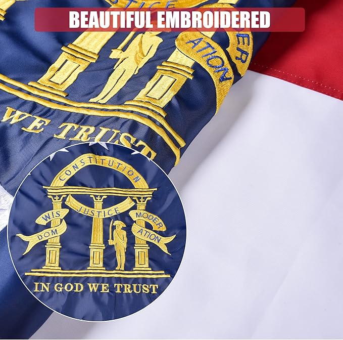 Georgia State Flag 6x10 Ft, Deluxe Full Embroidered Heavy Duty 100% Polyester Durable GA Outside Flags, Indoor/Outdoor, Sewn Stripes and Brass Grommets