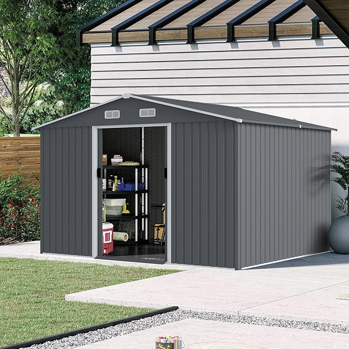 8x10 FT Outdoor Tool Shed, Metal Garden Shed with Sloped Roof, Corrosion-Resistant, UV-Protected Steel Storage for Backyard, Lawn, Garden Tools, Easy Assembly